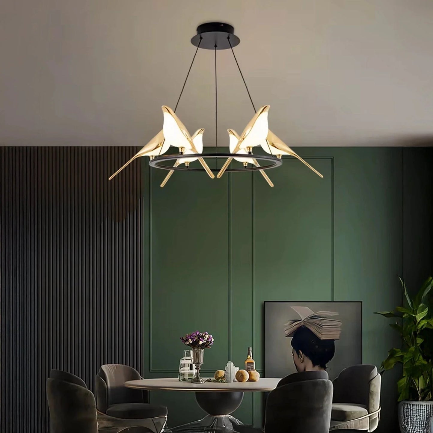 Bird Chandelier in Black and Gold Finish with in Built LED