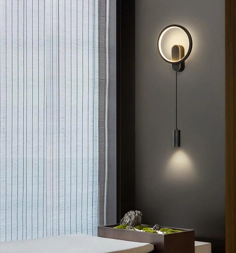 Modern Circle LED Wall Light with Downlight – Black & Gold Finish
