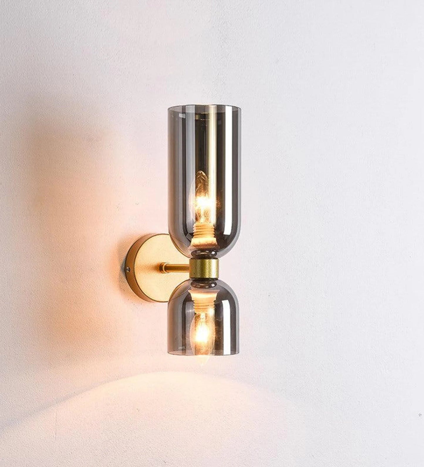 Modern Double Glass Wall Sconce with Smoky Finish and Gold Base