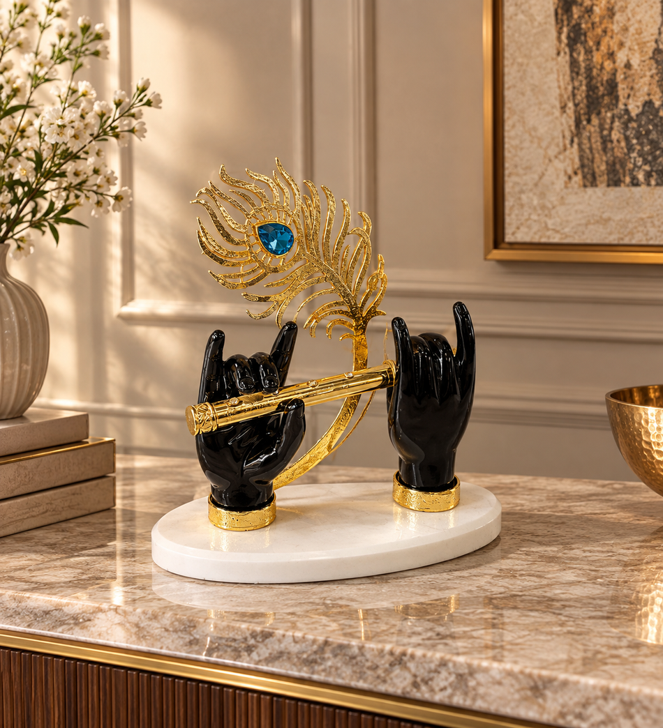 Spiritual Divine Flute and Peacock Feather Sculpture with Black Hands