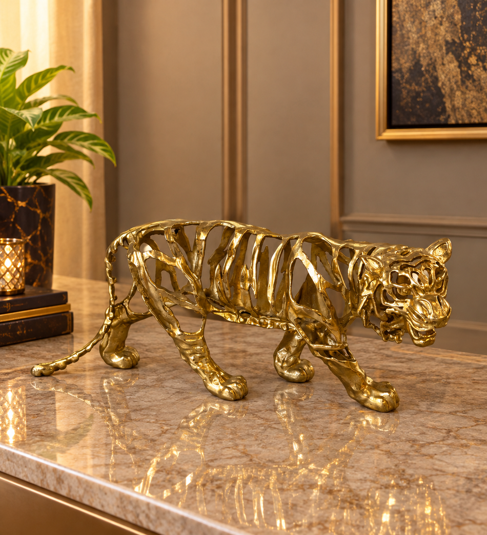 Contemporary Openwork Metal Tiger Sculpture in Brass Gold Finish