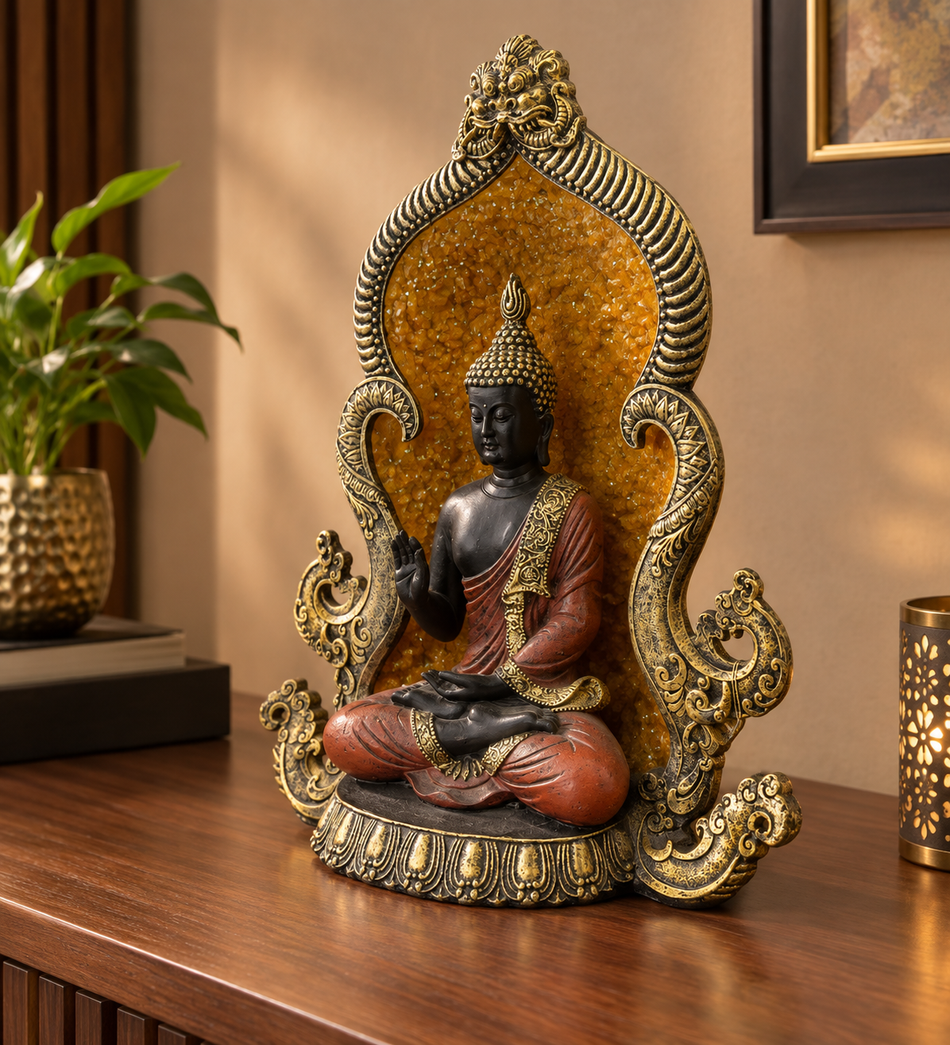 Traditional Seated Buddha Statue with Ornate Antique Arch Frame