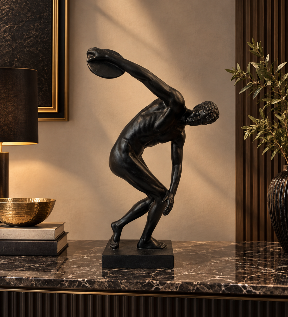 Classical Black Discobolus Male Athlete Figurine Table Sculpture