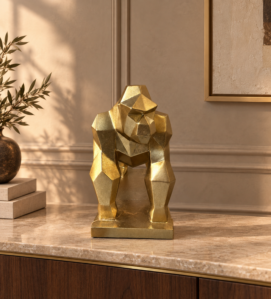 Geometric Origami Gorilla Sculpture in Metallic Gold Finish