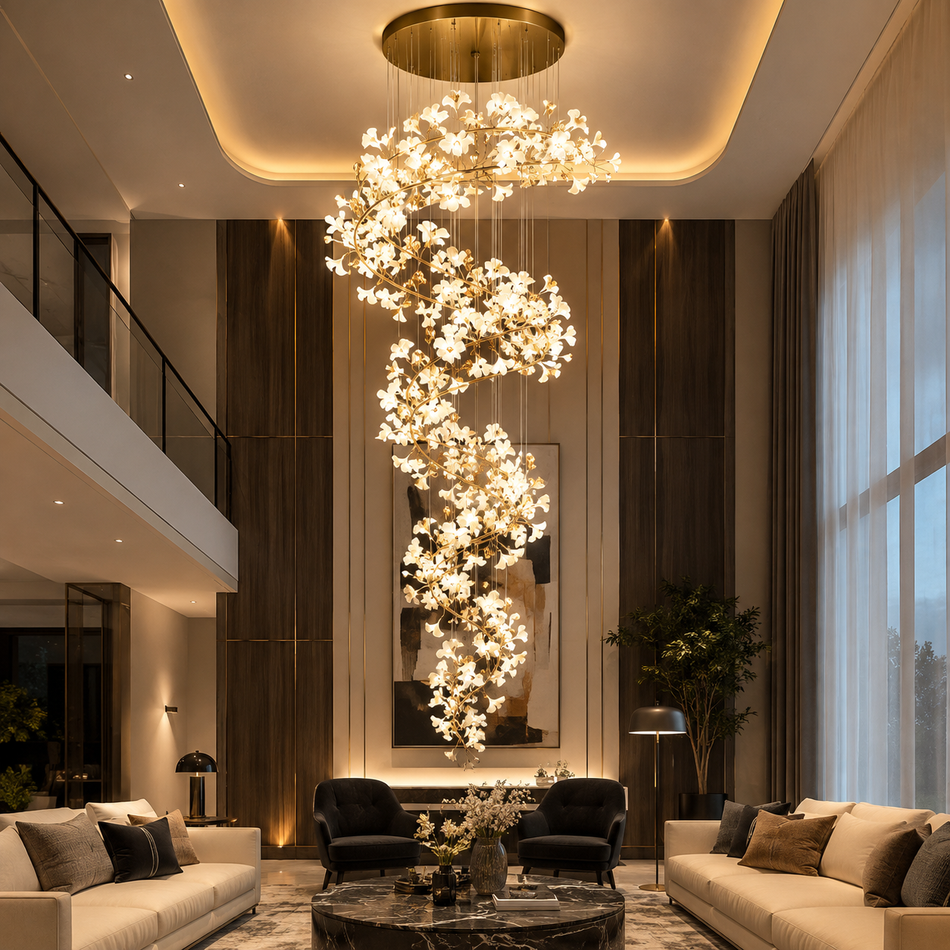 Ceramic Leaves Double Height Chandelier