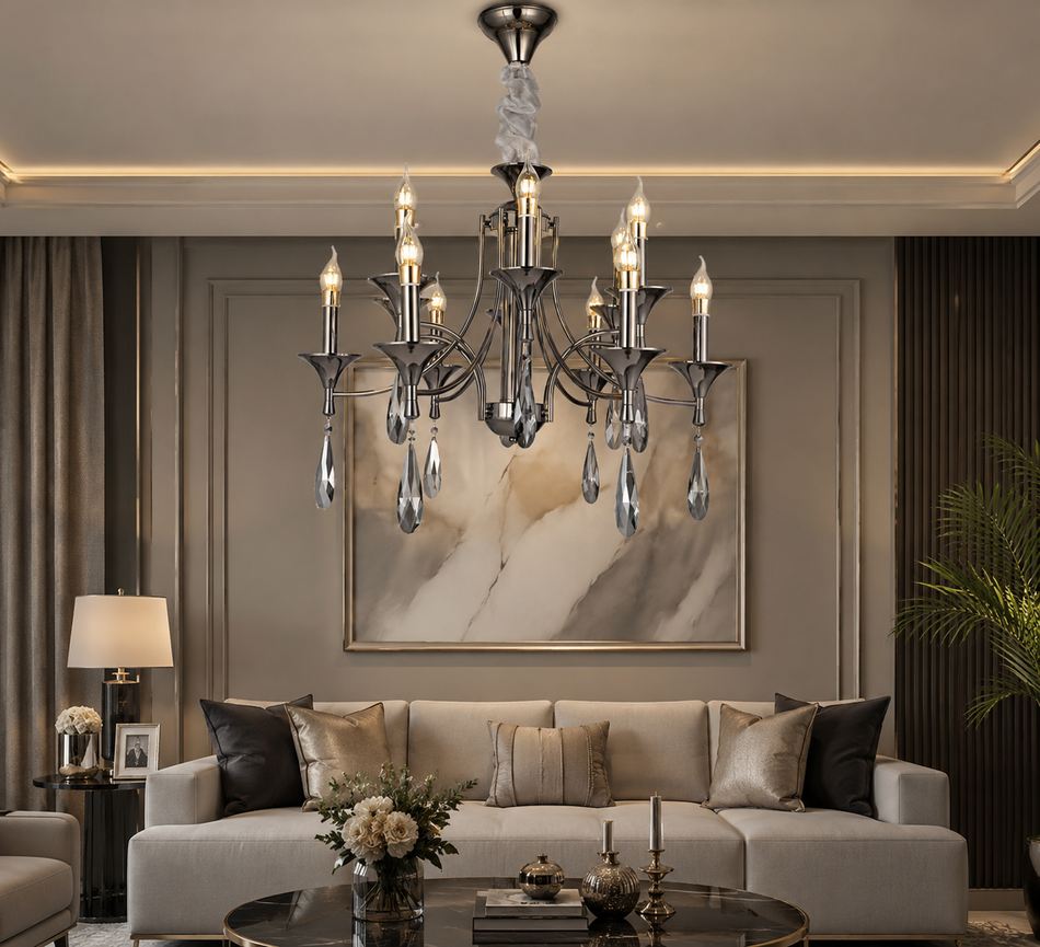 12 Light Elegant Peal Black & Smoke Grey Crystal Chandelier