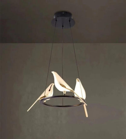 Bird Chandelier in Black and Gold Finish with in Built LED