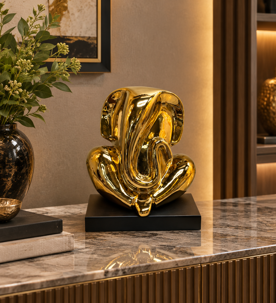 Contemporary Gold Ganesha Abstract Sculpture on Black Base