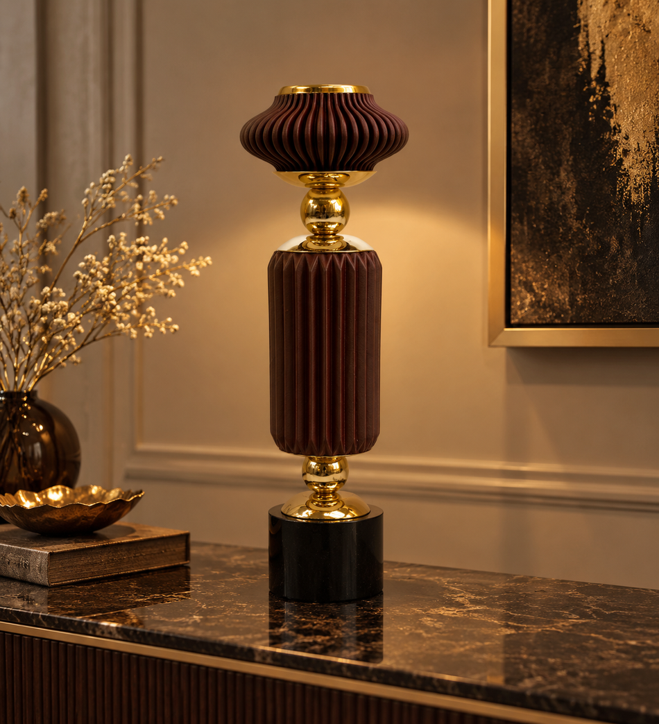 Modern Burgundy and Gold Fluted Candle Holder with Black Marble Base