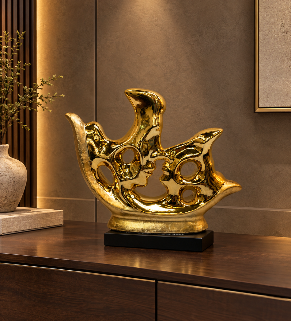 Contemporary Gold Abstract Face Profile Sculpture on Black Base