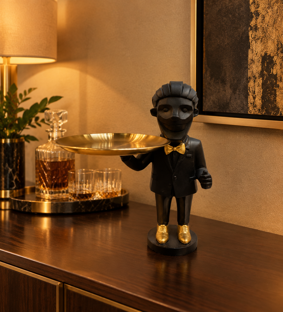 Elegantly Dressed Black Butler Figurine with Polished Gold Tray