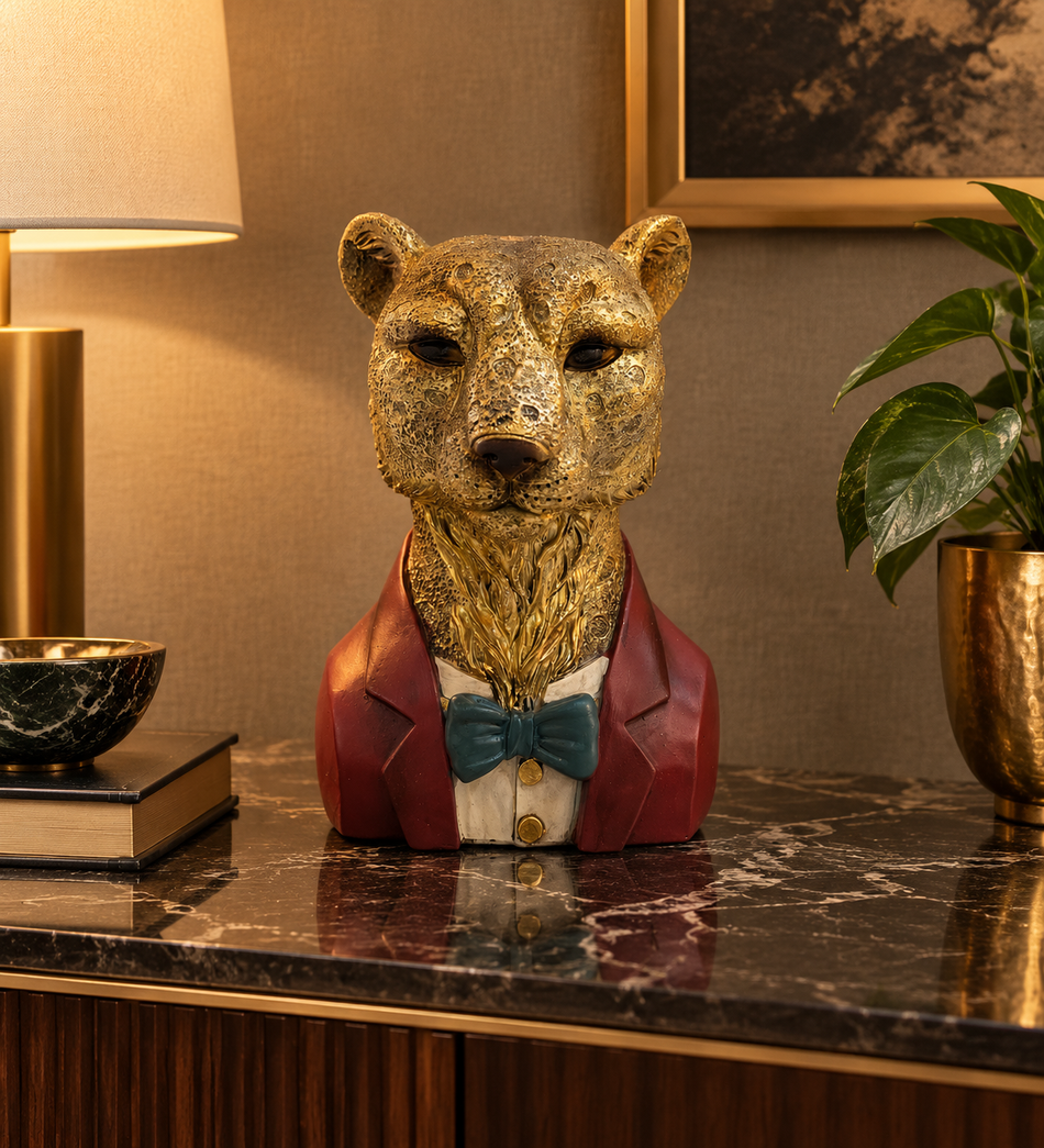 Anthropomorphic Golden Leopard Bust Sculpture in Burgundy Suit