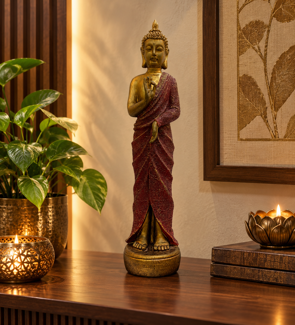 Serene Standing Buddha Figurine in Textured Maroon and Gold Robe