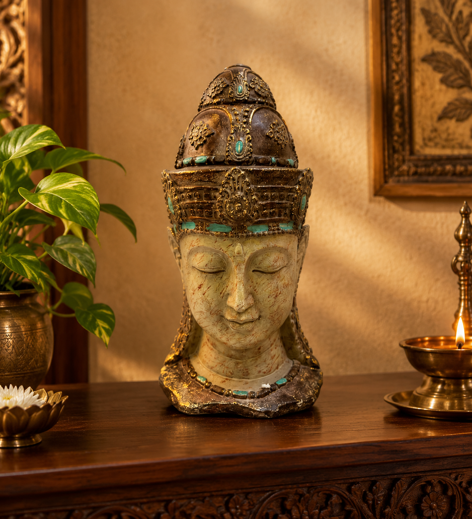Ornate Antique Bronze Buddha Bust Sculpture with Turquoise Accents