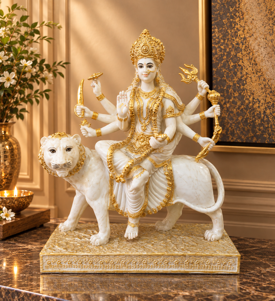 White and Gold Goddess Durga Statue on Lion
