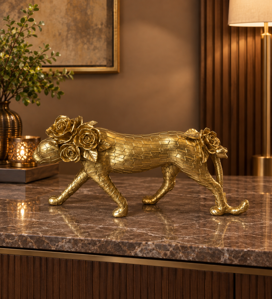 Golden Geometric Floral Panther Statue