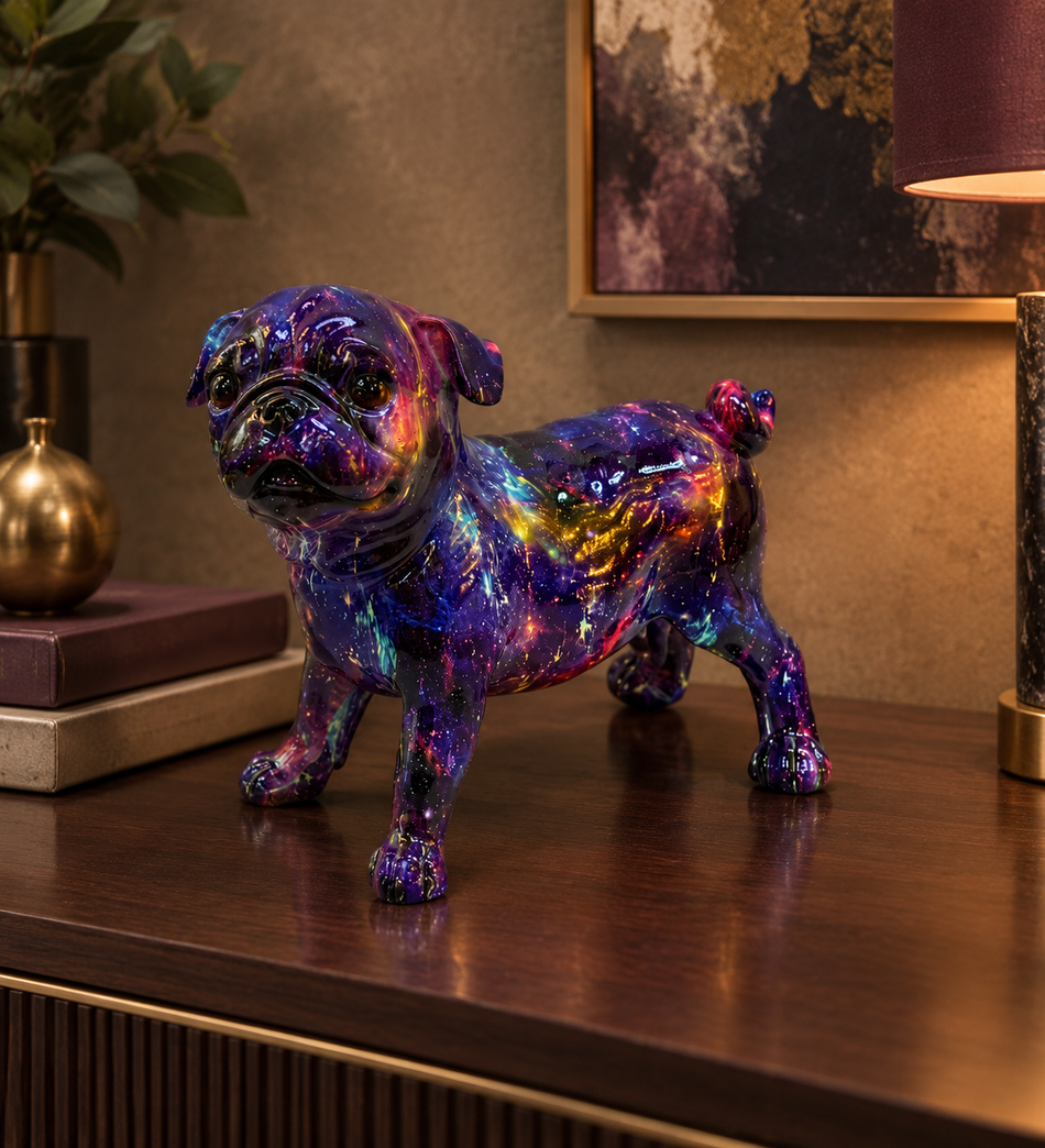 Vibrant Cosmic Galaxy Pug Dog Sculpture in High-Gloss Finish