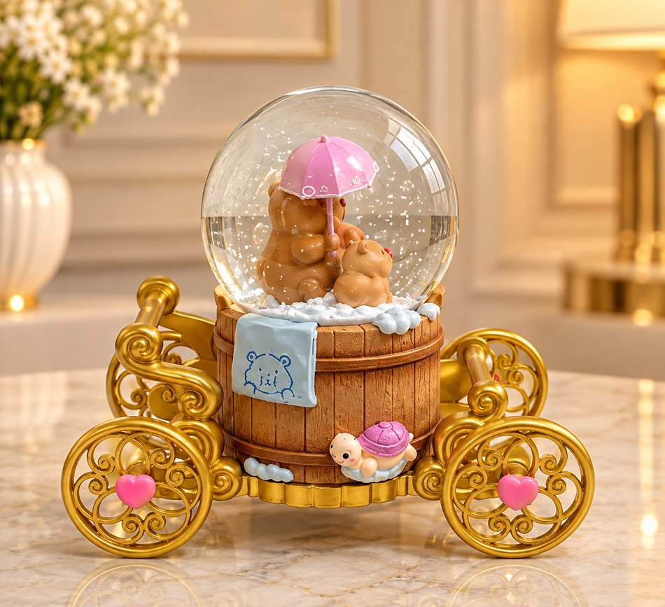 Golden Carriage Teddy Bear Snow Globe with Pink Umbrella