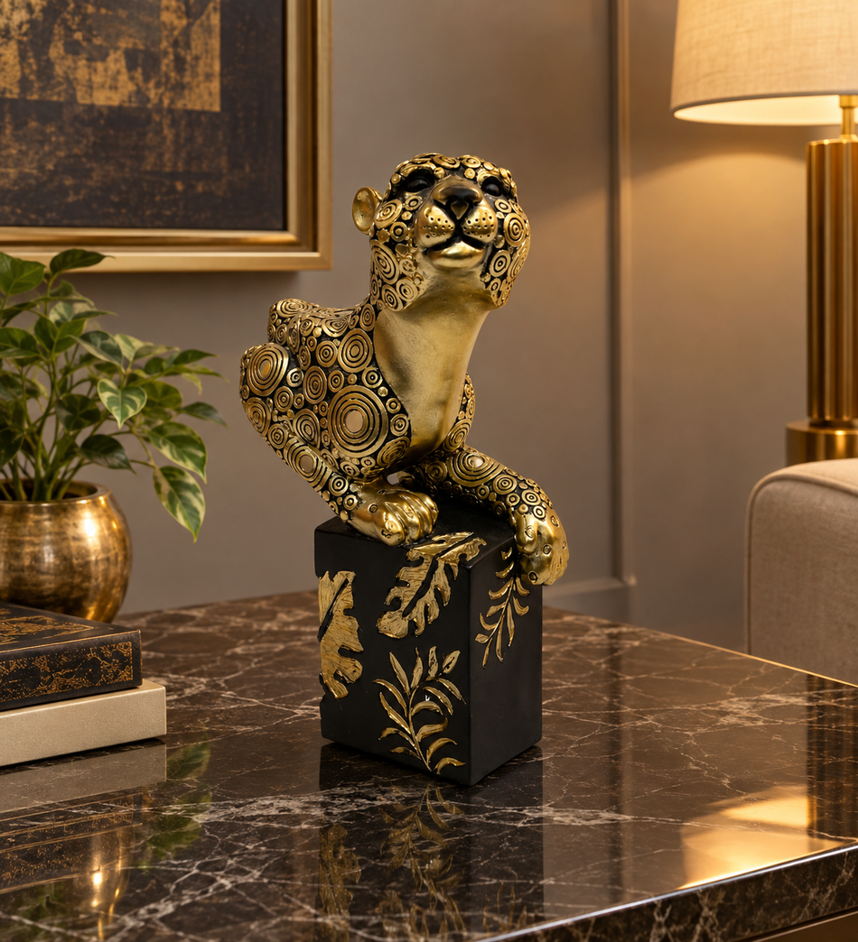 Ornate Gold Leopard Sculpture on Black Botanical Pedestal Base