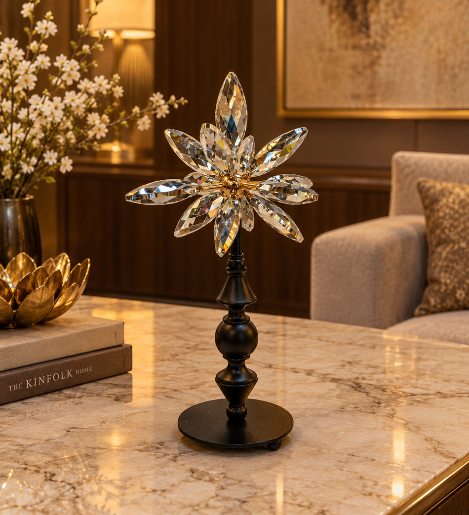 Faceted Crystal Starburst Flower Decorative Sculpture on Black Stand