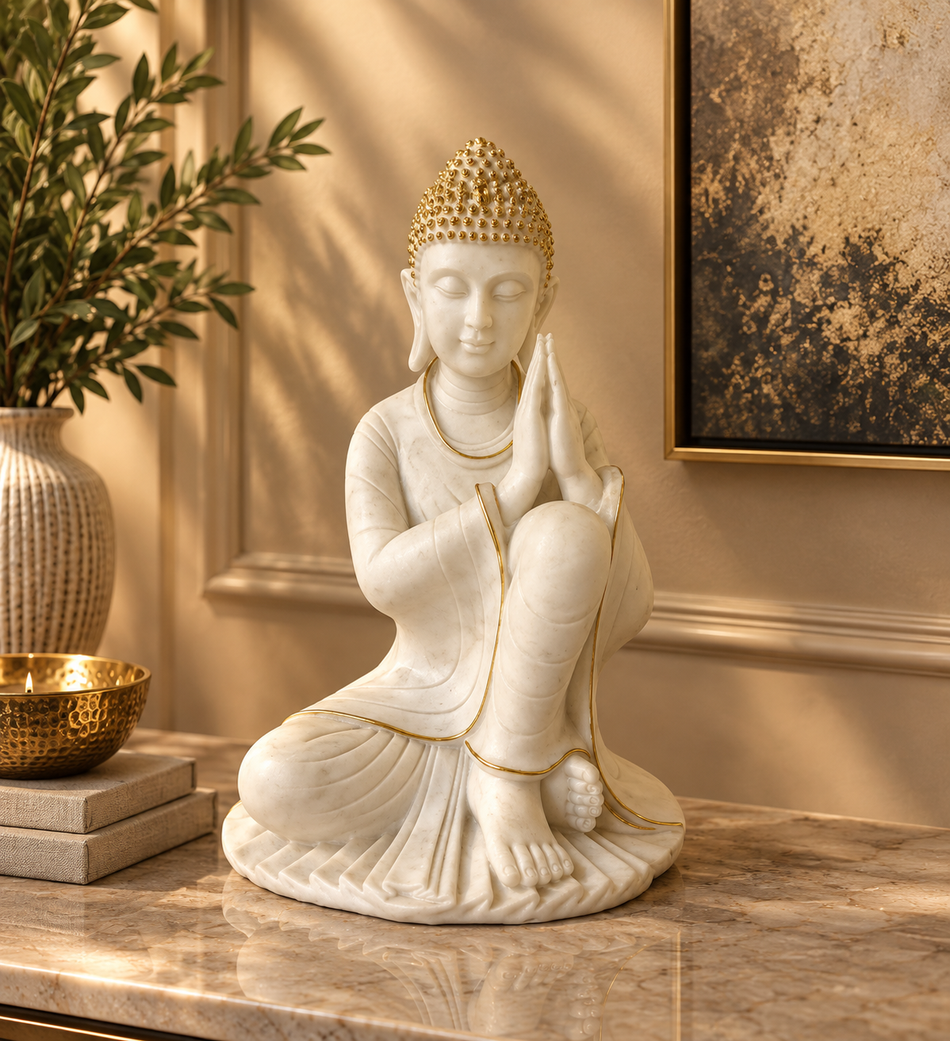 White and Gold Praying Buddha Statue