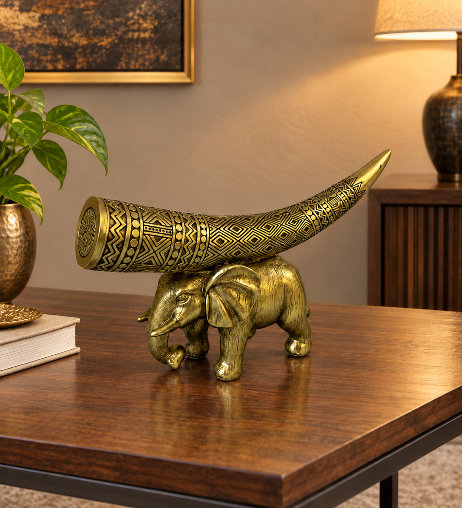 Antique Gold Elephant with Carved Tribal Horn Sculpture