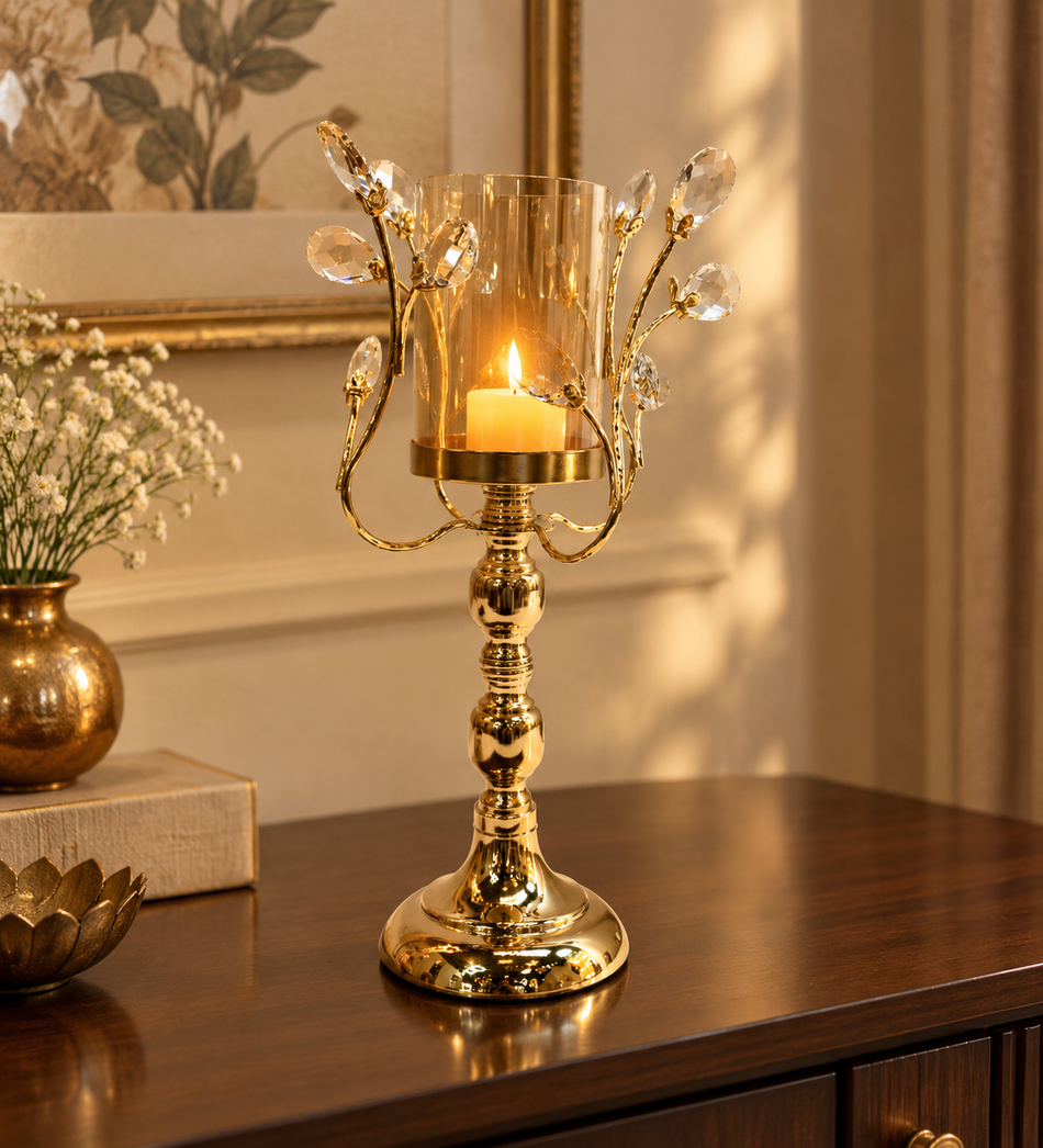 Electroplated Gold Crystal Candelabra Candle Holder with Amber Glass Hurricane Accent