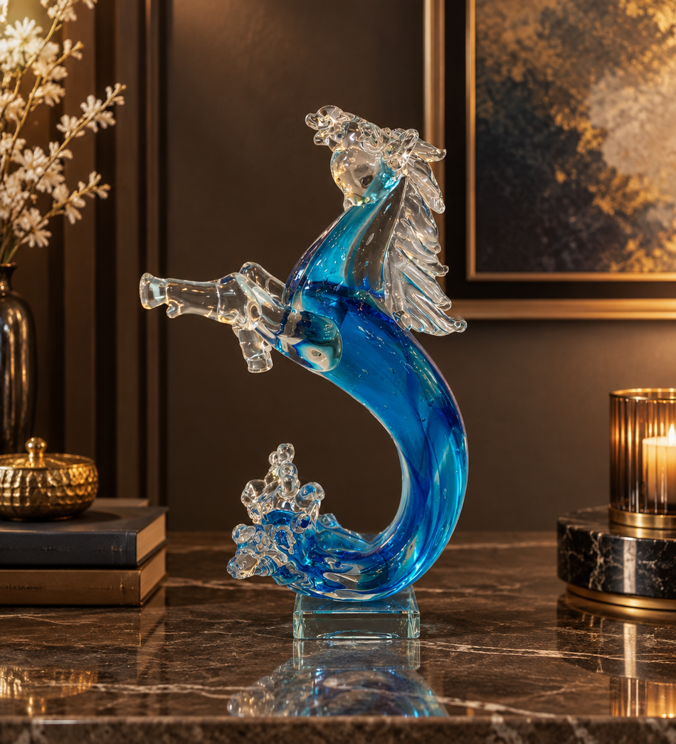 Blue Art Glass Rearing Horse Sculpture