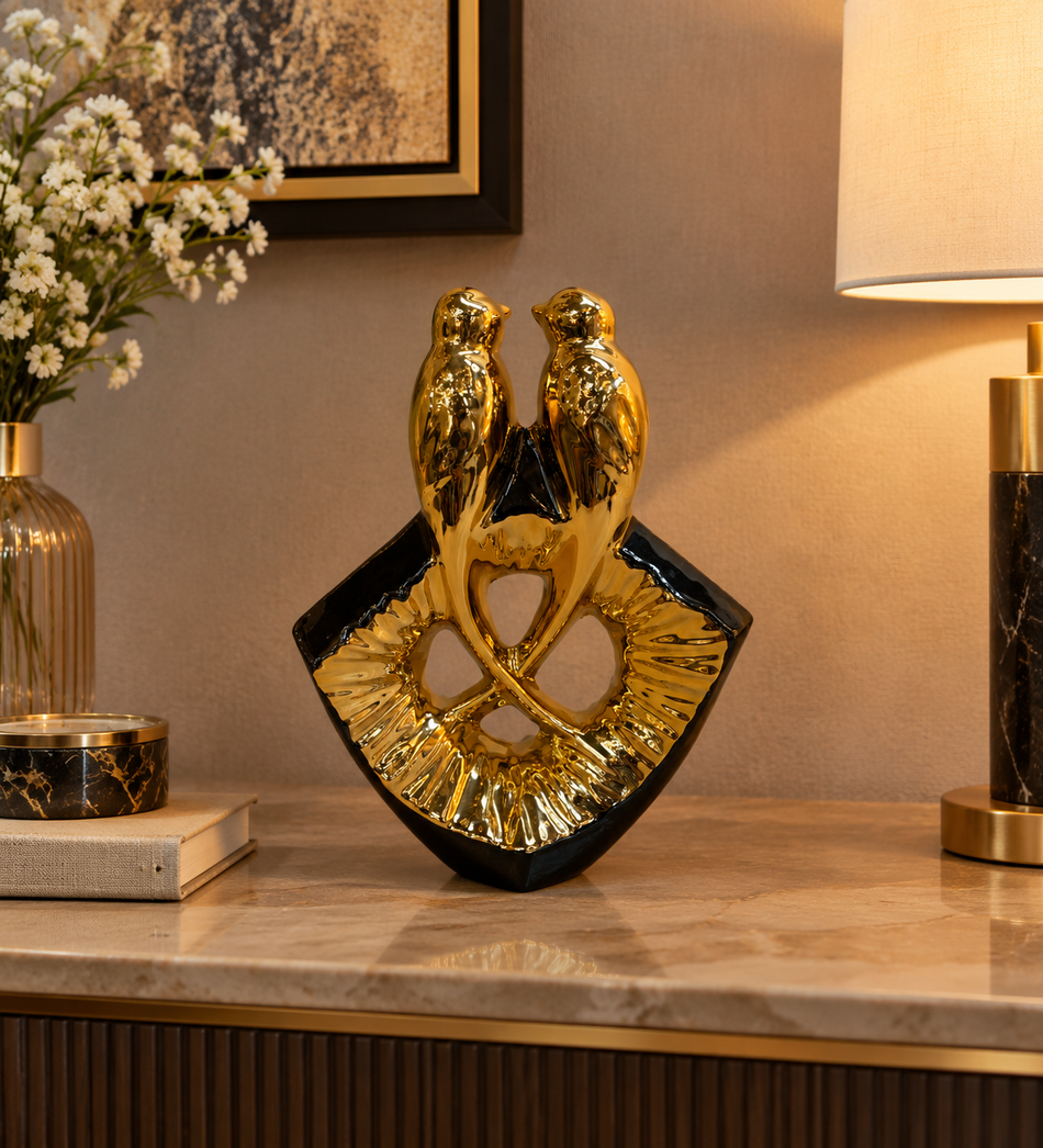 Contemporary Gold Lovebirds Sculpture on Geometric Black and Gold Frame