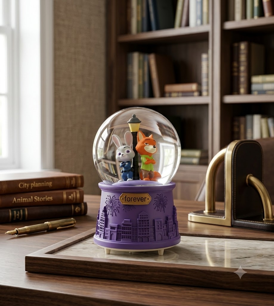 Whimsical Cityscape Fox & Rabbit Snow Globe