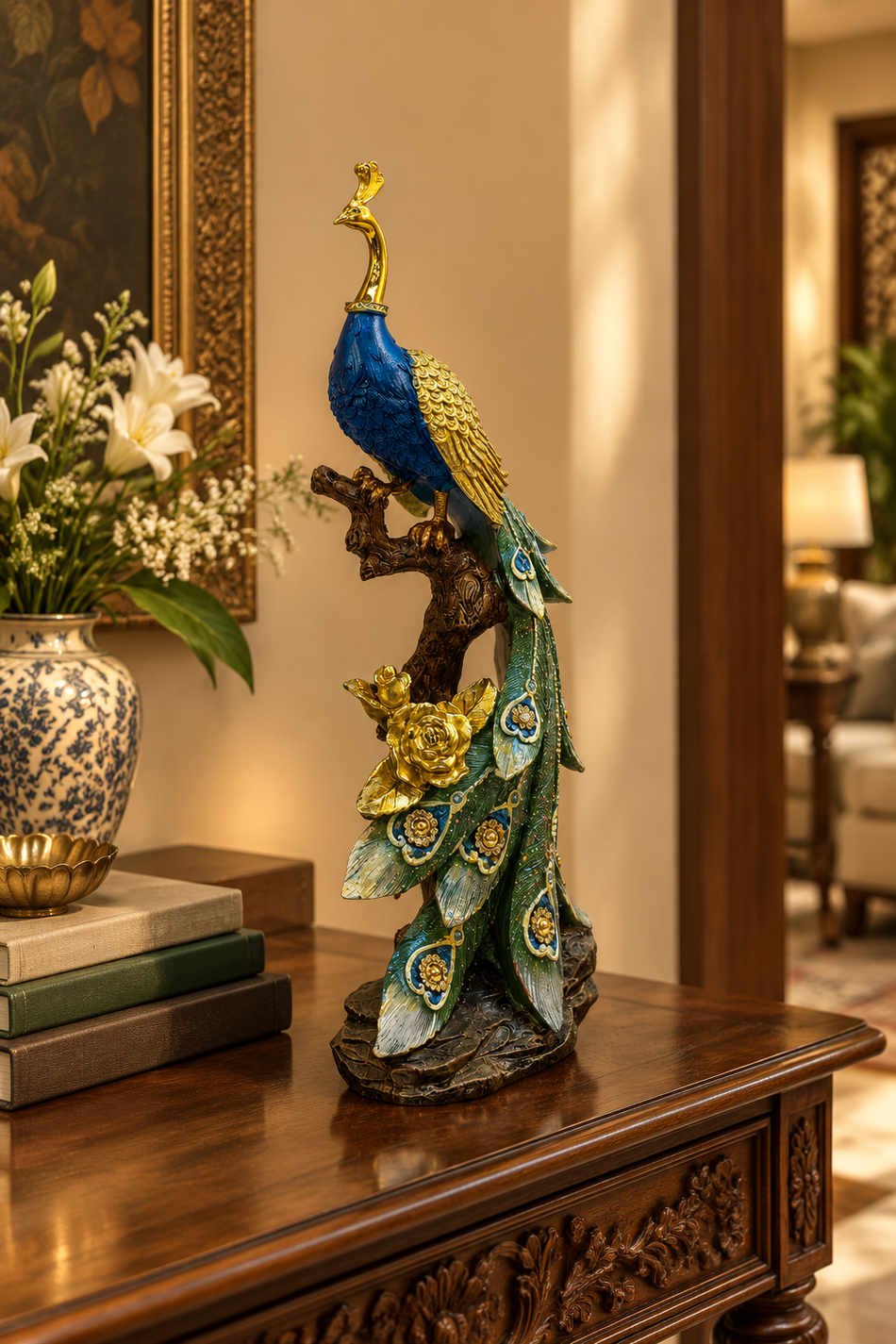Majestic Royal Blue and Gold Perched Peacock Sculpture