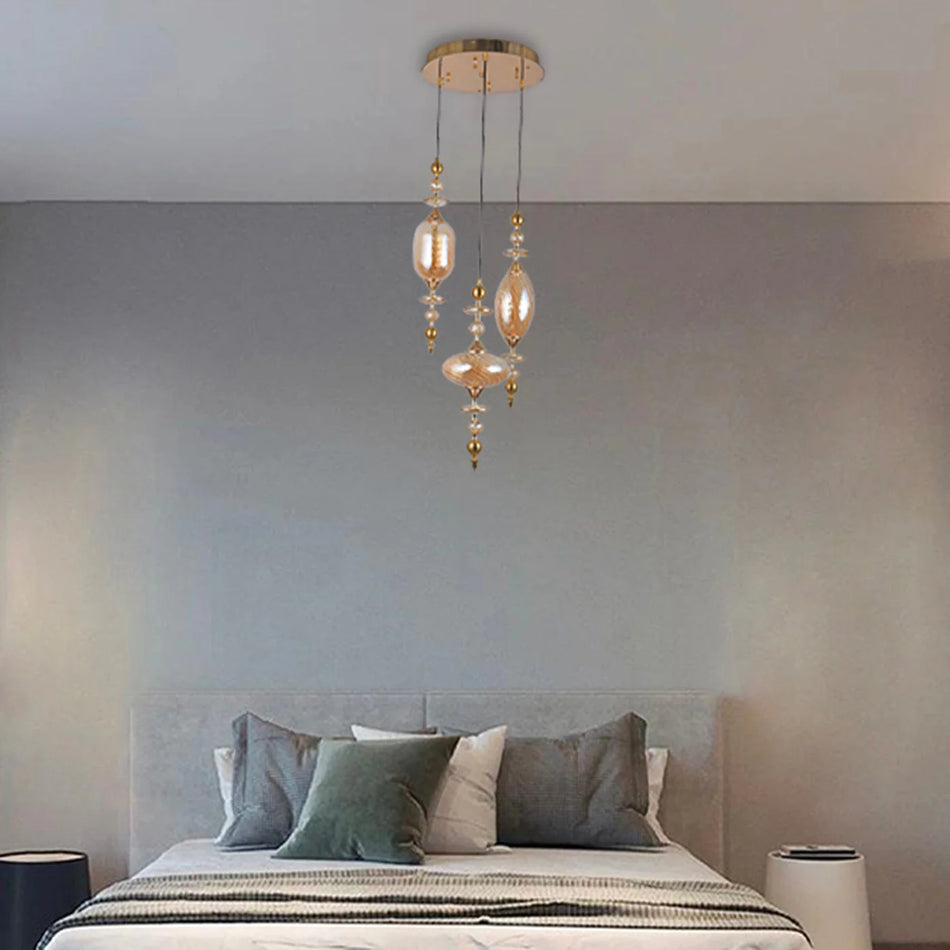 Baroque Crystal Trio – Ornate Amber Glass Chandelier