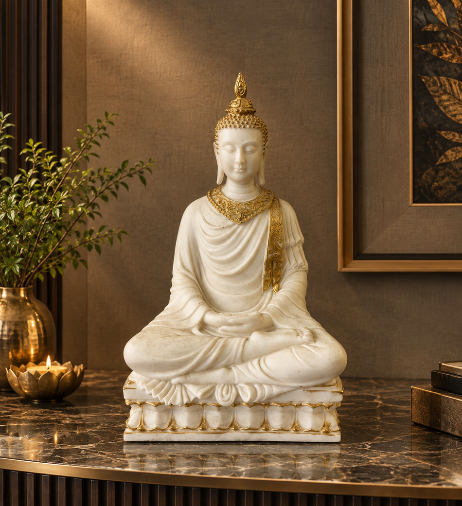 White and Gold Meditating Buddha Statue