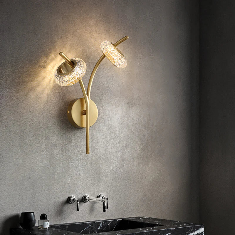 Twin Bloom Modern Wall Light – Gold with Crystal Ring Shades