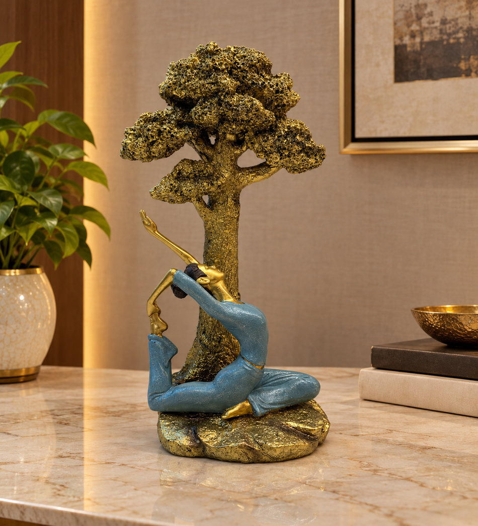 Gold & Blue Yoga Pose Figure Under Tree Sculpture
