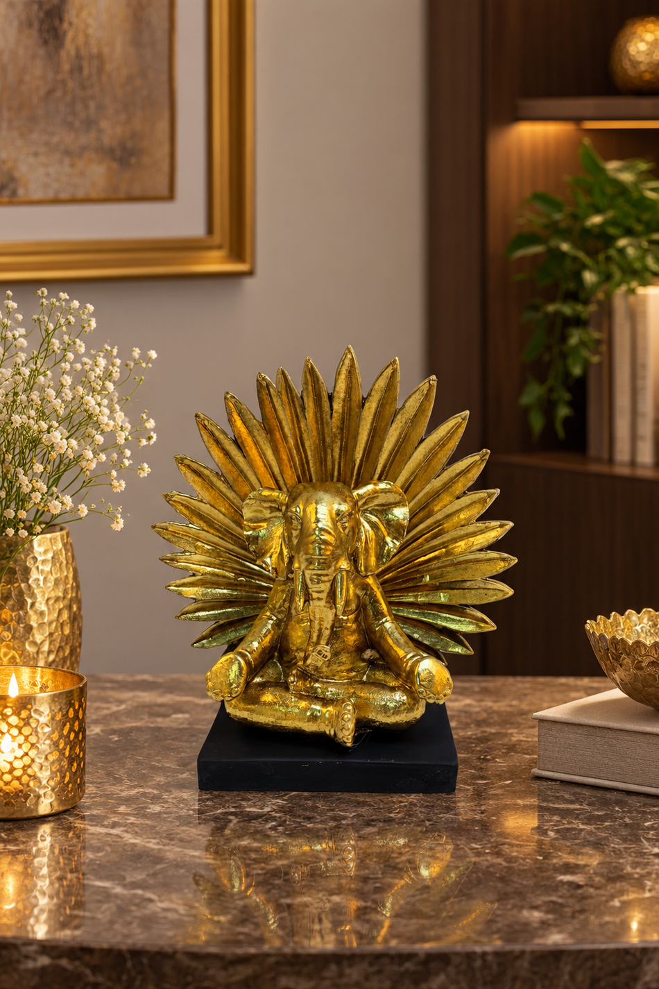Regal Gold Lord Ganesha Sculpture with Radiating Halo Base