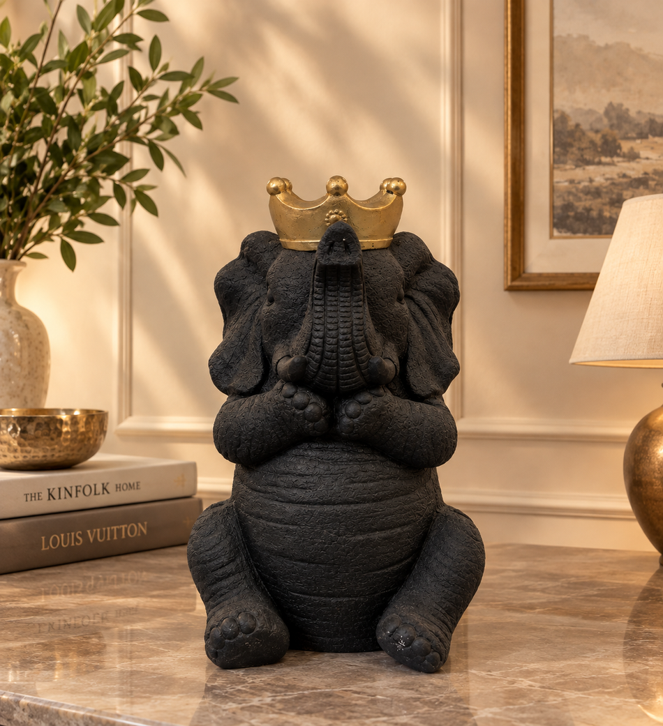 Matte Black Seated Elephant Statue with Gold Crown