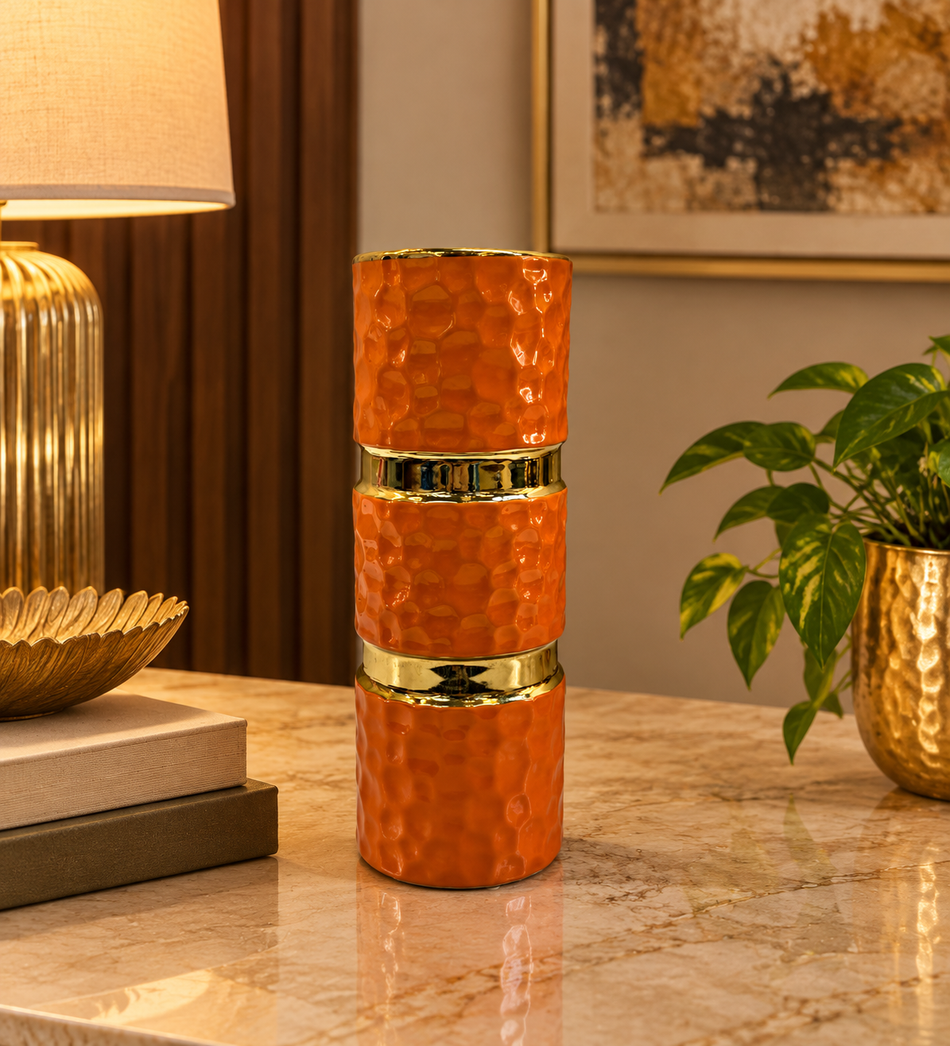 Vibrant Orange and Gold Stacked Ceramic Decorative Pillar Vase