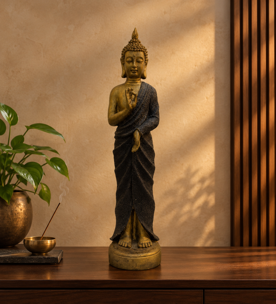 Serene Standing Buddha Figurine in Textured Dark Blue and Gold Robe