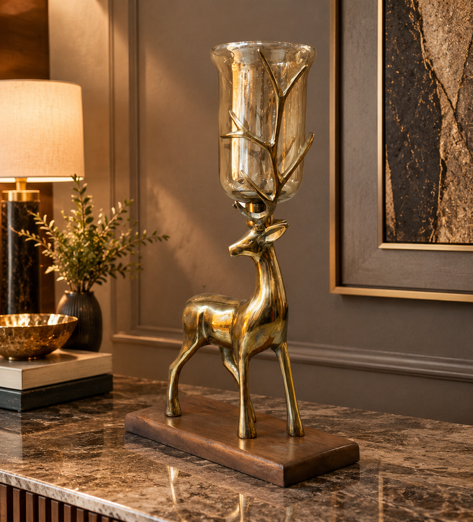 Deer Hurricane Candle Holder with Wooden Base