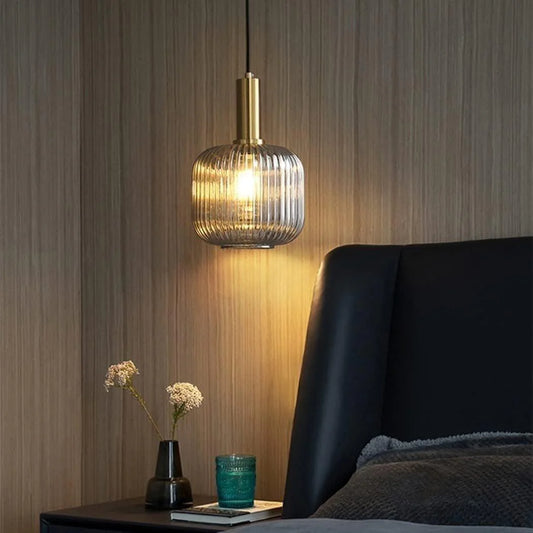 Modern Ribbed Glass Pendant Light with Gold Finish – Bedside Hanging Lamp