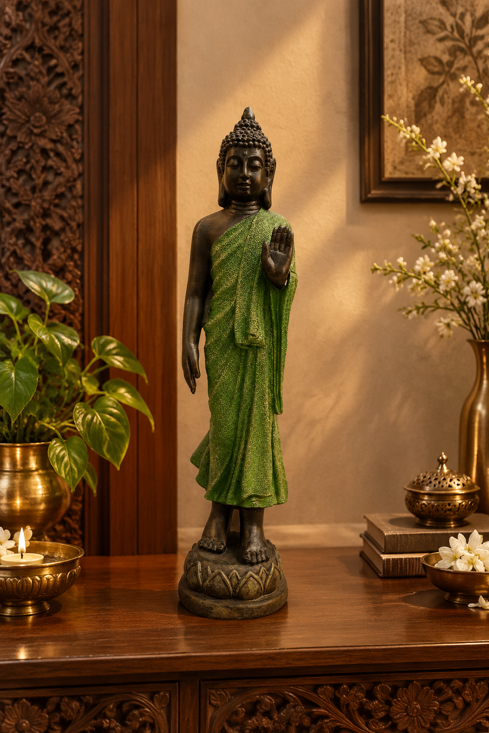 Serene Standing Buddha Figurine in Textured Green Robe