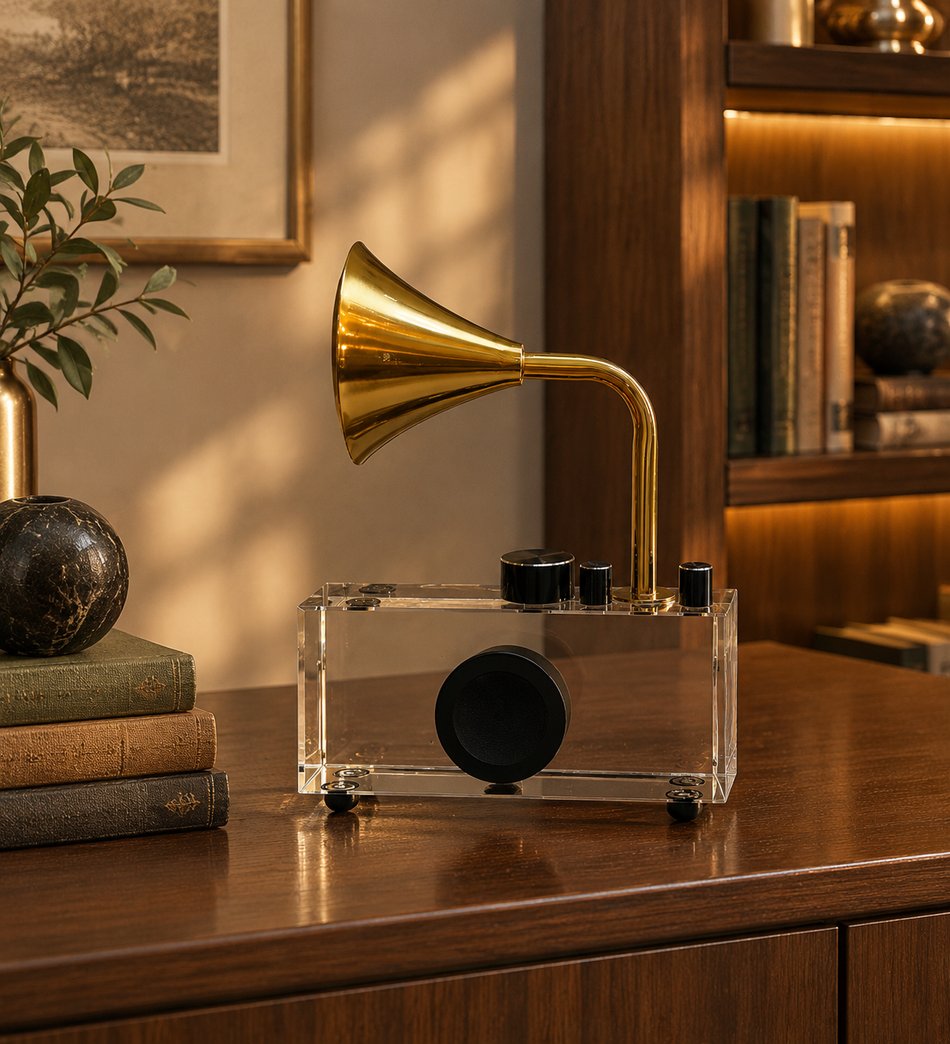 Whimsical Clear Acrylic Gramophone Sculpture with Polished Gold Horn