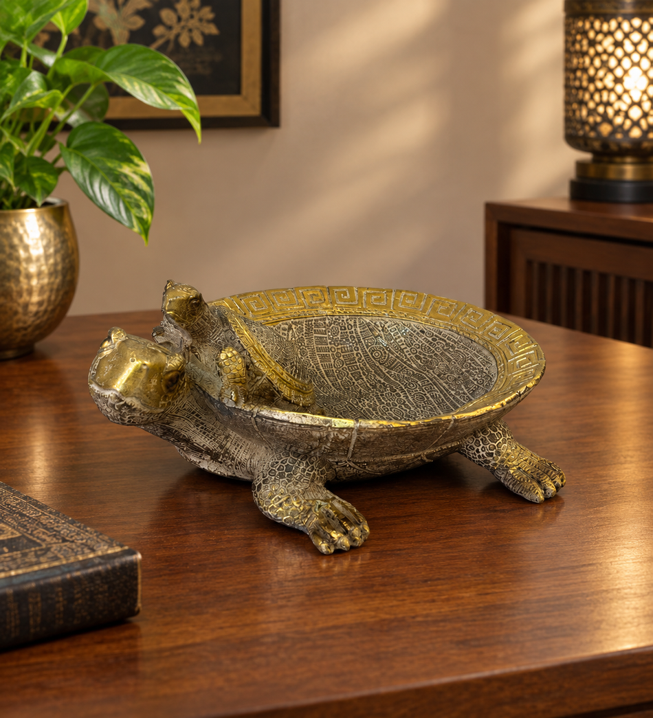 Antique Gold Turtle and Baby Decorative Bowl Sculpture