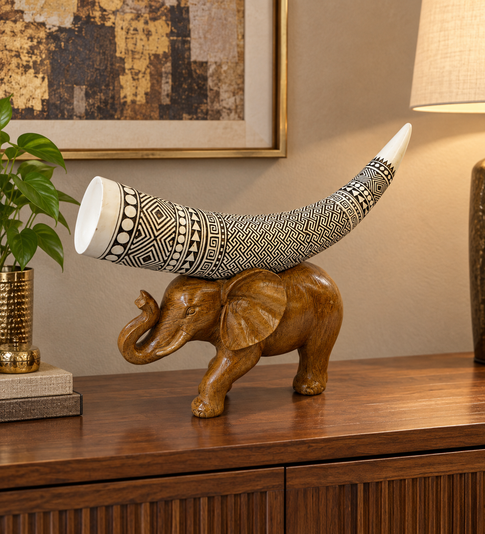 Wood-Finish Elephant with Tribal Pattern Horn Sculpture
