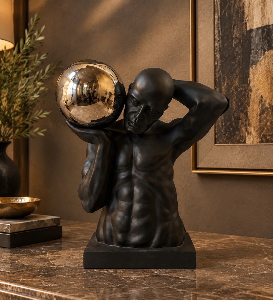 Modern Black Male Torso Sculpture with Metallic Sphere