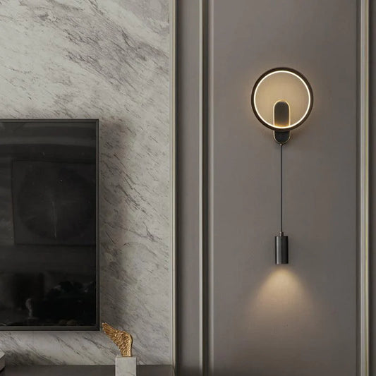 Modern Circle LED Wall Light with Downlight – Black & Gold Finish