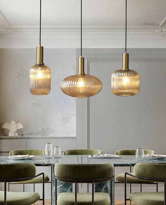 Amber Ribbed Glass Pendant Lights – Set of 3 Hanging Lamps with Gold Accents