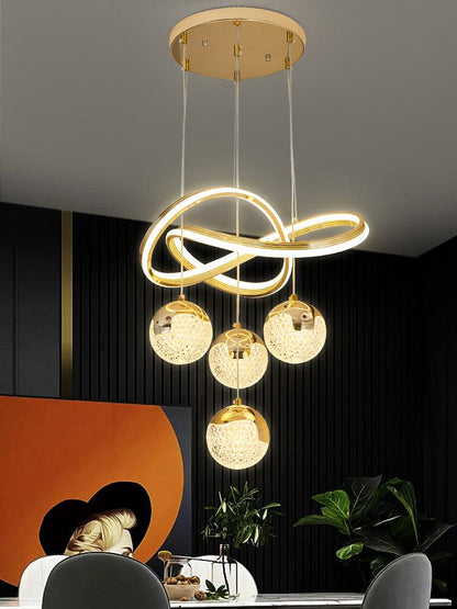 Modern Infinity Loop Gold LED Chandelier with Crystal Globe Lights – 5 Heads