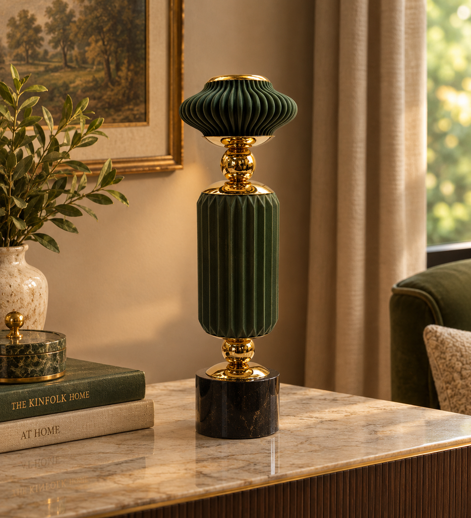Modern Emerald Green and Gold Fluted Candle Holder with Black Marble Base